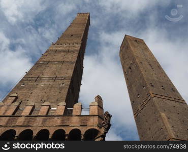 Due torri (Two towers) in Bologna. Torre Garisenda and Torre Degli Asinelli leaning towers aka Due Torri (meaning Two towers) in Bologna, Italy