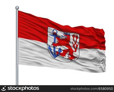 Duesseldorf City Flag On Flagpole, Country Germany, Isolated On White Background. Duesseldorf City Flag On Flagpole, Germany, Isolated On White Background