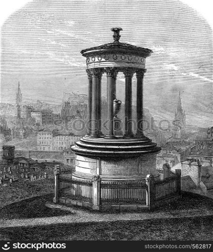 Dugald Stewart Monument Funerary, Edinburgh, vintage engraved illustration. Magasin Pittoresque 1869.