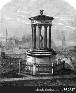 Dugald Stewart Monument Funerary, Edinburgh, vintage engraved illustration. Magasin Pittoresque 1869.
