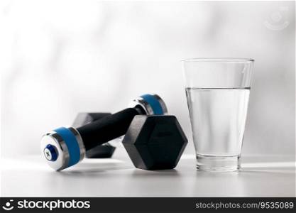Dumbbells and drinking water in a glass after exercising.