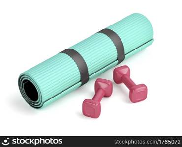 Dumbbells and rubber exercise mat on white background