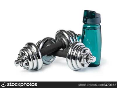 dumbbells and Sports Bottle Isolated on white background. dumbbells and Sports Bottle