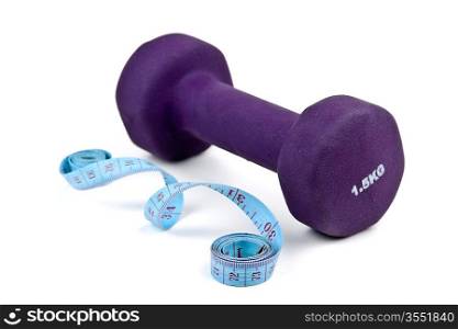 dumbbells and tailoring meter isolated on white background