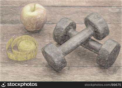 dumbbells, apple and tape measure against weathered barn wood - a fitness concept, digital painting effect on a real photograph