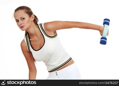 dumbbells in woman hands isolated on white