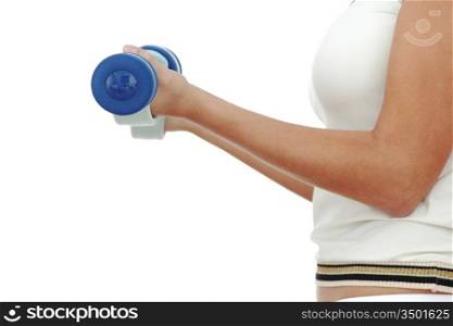dumbbells in woman hands isolated on white