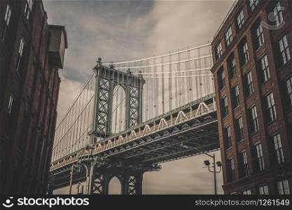 Dumbo view point which can see Manhattan bridge with old brick building in new york city, USA downtown skyline, Architecture and building with tourist concept