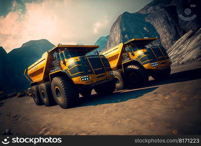 Dump truck for heavy industry mining. Ore or coal mining site with huge yellow vehicles. Industrial transport. Generated AI. Dump truck for heavy industry mining. Ore or coal mining site with huge yellow vehicles. Industrial transport. Generated AI.