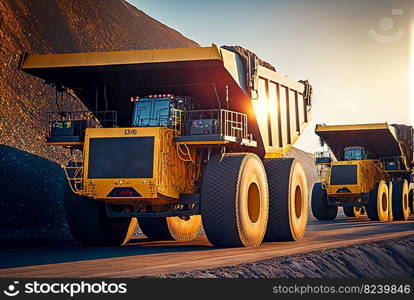 Dump truck for heavy industry mining. Ore or coal mining site with huge yellow vehicles. Industrial transport. Generated AI. Dump truck for heavy industry mining. Ore or coal mining site with huge yellow vehicles. Industrial transport. Generated AI.