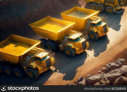 Dump truck for heavy industry mining. Ore or coal mining site with huge yellow vehicles. Industrial transport. Generated AI. Dump truck for heavy industry mining. Ore or coal mining site with huge yellow vehicles. Industrial transport. Generated AI.