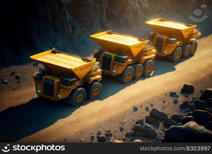 Dump truck for heavy industry mining. Ore or coal mining site with huge yellow vehicles. Industrial transport. Generated AI. Dump truck for heavy industry mining. Ore or coal mining site with huge yellow vehicles. Industrial transport. Generated AI.