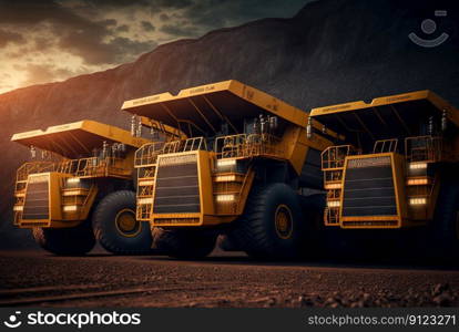 Dump truck for heavy industry mining. Ore or coal mining site with huge yellow vehicles. Industrial transport. Generated AI