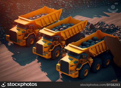 Dump truck for heavy industry mining. Ore or coal mining site with huge yellow vehicles. Industrial transport. Generated AI