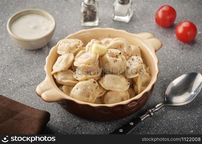 Dumplings with filling. Homemade meat dumplings - russian pelmeni. Dumplings, filled with meat, ravioli.
