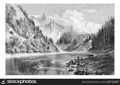 Dunajec Valley near Szczawnica Town in the Tatras Mountains, Poland, drawing by G. Vuillier, from a photograph, vintage engraved illustration. Le Tour du Monde, Travel Journal, 1881