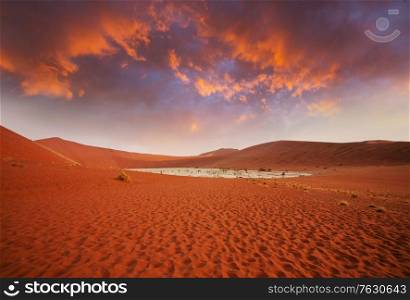 Dunes and dead acacia trees in the Namib desert, Dead Vlei, Sossusvlei, Namibia, Africa. Famous touristic destination