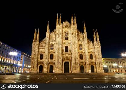 Duomo cathedral early at night in Milan, Italy