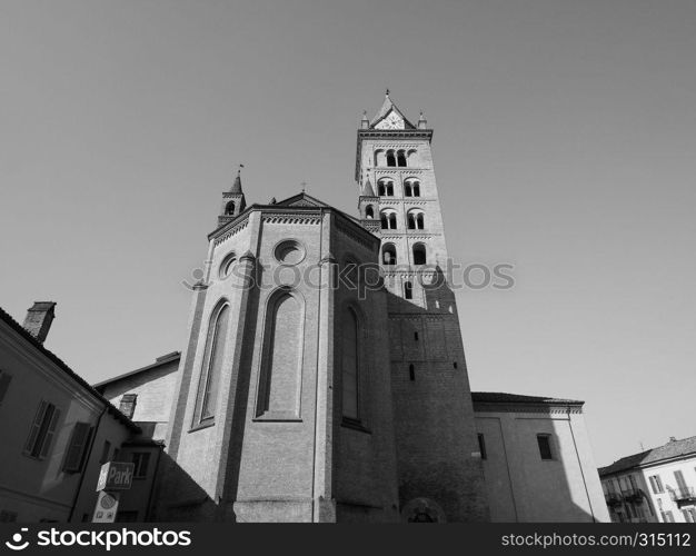 Duomo di San Lorenzo (St Lawrence cathedral) in Alba, Italy in black and white. San Lorenzo Cathedral in Alba in black and white