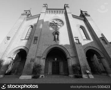 Duomo di San Lorenzo (St Lawrence cathedral) in Alba, Italy in black and white. San Lorenzo Cathedral in Alba in black and white