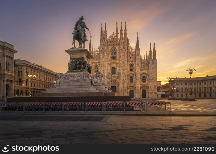 Duomo , Milan gothic cathedral at sunrise,Europe.Horizontal photo with copy-space.