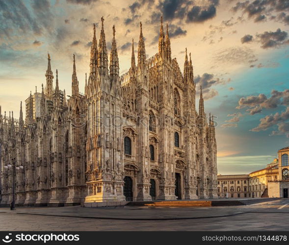 Duomo , Milan gothic cathedral at sunrise,Italy,Europe.Horizontal photo with copy-space.