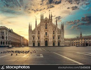 Duomo , Milan gothic cathedral at sunrise,Italy,Europe.Horizontal photo with copy-space.