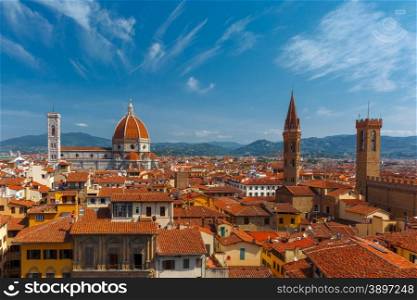 Duomo Santa Maria Del Fiore and Bargello at morning from Palazzo Vecchio in Florence, Tuscany, Italy