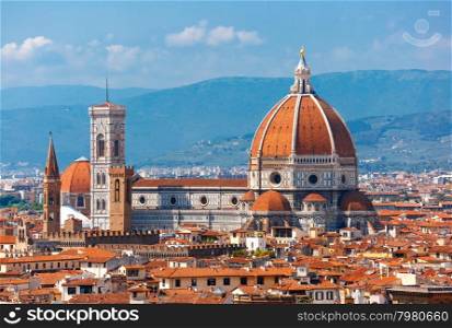 Duomo Santa Maria Del Fiore and Bargello in the morning from Piazzale Michelangelo in Florence, Tuscany, Italy