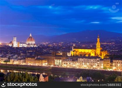 Duomo Santa Maria Del Fiore and Basilica di Santa Croce at twilight from Piazzale Michelangelo in Florence, Tuscany, Italy