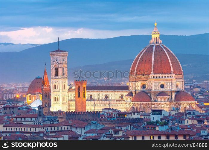 Duomo Santa Maria Del Fiore in Florence, Italy. Duomo Santa Maria Del Fiore at nihjt from Piazzale Michelangelo in Florence, Tuscany, Italy