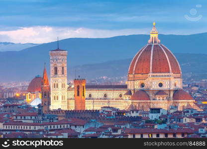 Duomo Santa Maria Del Fiore in Florence, Italy. Duomo Santa Maria Del Fiore at nihjt from Piazzale Michelangelo in Florence, Tuscany, Italy