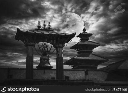 Durbar Square , Kathmandu, Nepal. At night against the background of the moon.black and white photography. Durbar Square in the center of Kathmandu