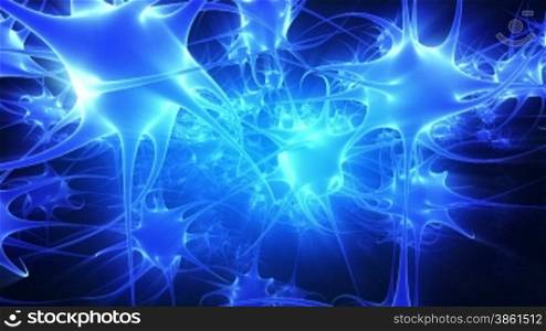 Durchleuchtung des Inneren eines Gehirns. Darstellung in leuchtender blauer Farbe.