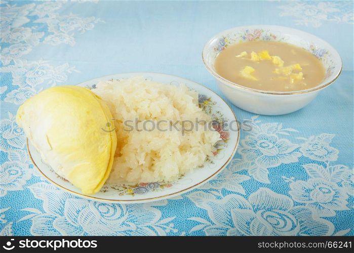 Durian sticky rice on the blue table