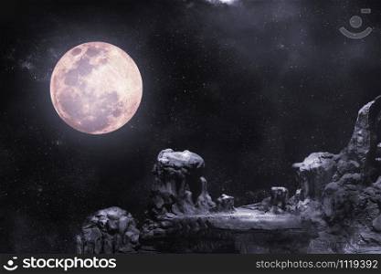 During the night time, the rocky mountains had full moon and stars.