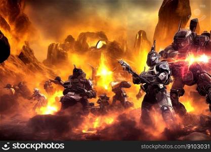 During war, extraterrestial robot ground forces fight in a terrifying battle through a sea of flames and smoke with strong laser weapons, made with generative AI