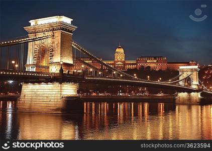 Dusk cityscape of the Chain bridge across the river Danube with the Buda castle in the background in the Hungarian capital Budapest