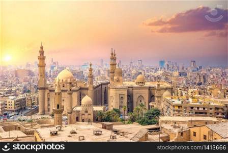 Dusk over Cairo and Sultan Hassan Mosque, Egypt. Dusk over Cairo