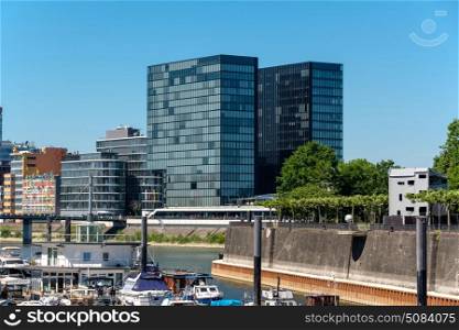 Dusseldorf city cityscape with urban marina. Dusseldorf city cityscape with urban marina in front