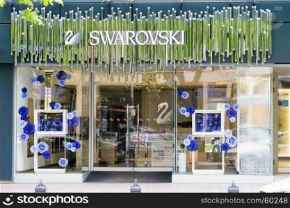 DUSSELDORF, GERMANY - APRIL 14, 2017: Swarovski store in Dusseldorf, Germany. The Swarovski Crystal range includes home decoration objects, jewelry and couture, and chandeliers