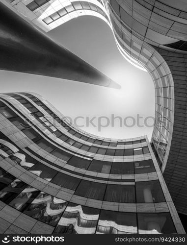 DUSSELDORF, GERMANY - JUNE 25, 2023  Low angle view to modern buildings in the city of Dusseldorf on June 25, 2023 in Germany, Europe