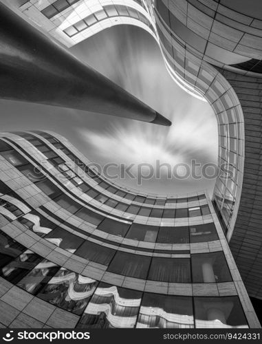 DUSSELDORF, GERMANY - JUNE 25, 2023  Low angle view to modern buildings in the city of Dusseldorf on June 25, 2023 in Germany, Europe