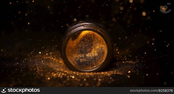 Dust powder of golden glitter on dark background. Generative AI AIG21.