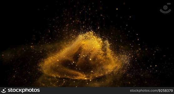 Dust powder of golden glitter on dark background. Generative AI AIG21.