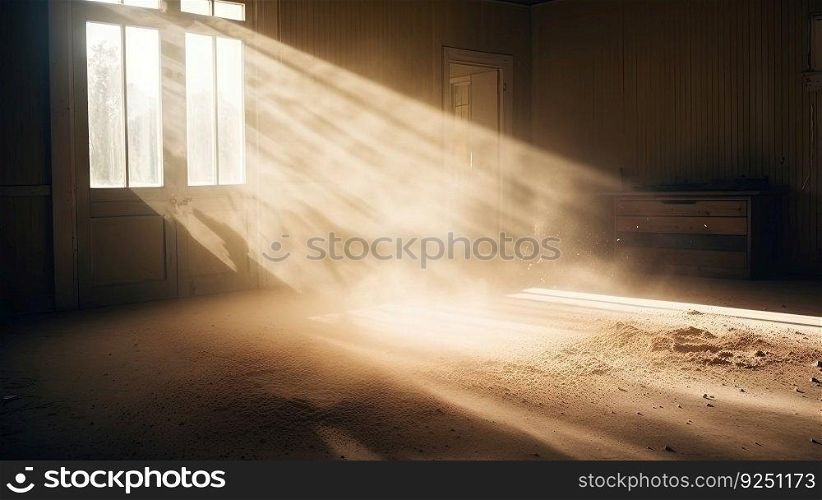 Dusty room with old distressed windows and sun rays. Abandoned grungy interior with lights in the dust. Generated AI. Dusty room with old distressed windows and sun rays. Abandoned grungy interior with lights in the dust. Generated AI.