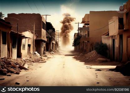 dusty street in houses due to tremors of aftershocks destruction aftermath earthquake, created with generative ai. dusty street in houses due to tremors of aftershocks destruction aftermath earthquake