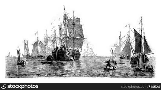 Dutch buildings, View taken in the port of Amsterdam, vintage engraved illustration. Magasin Pittoresque 1844.