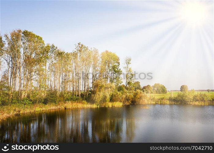 Dutch landscape with lake.