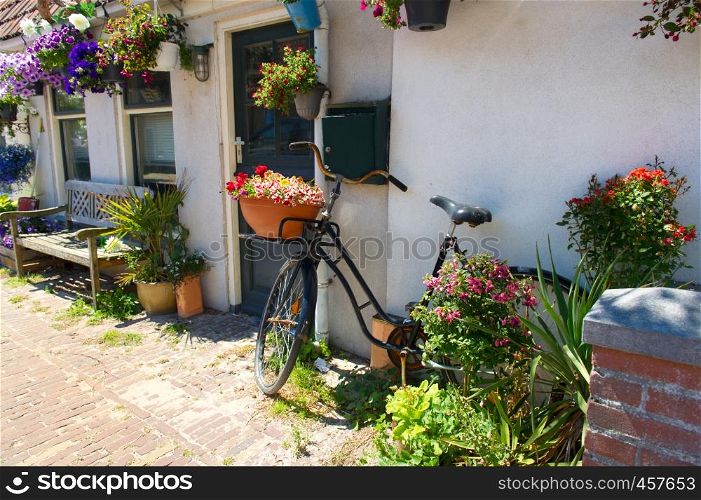 Dutch romantic house with flowers and bike